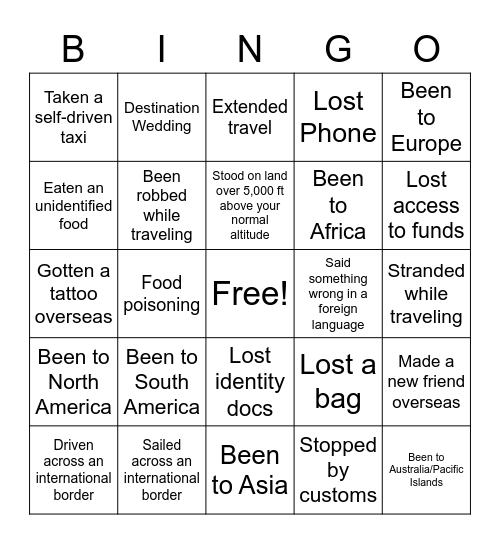 Travel Bingo Card