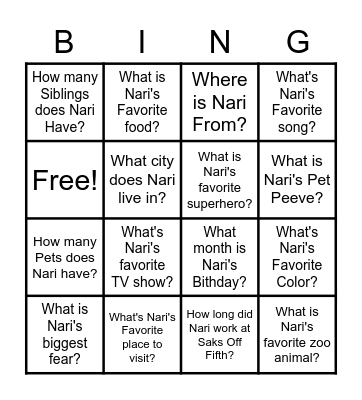 Nari's Send Off Bingo Card