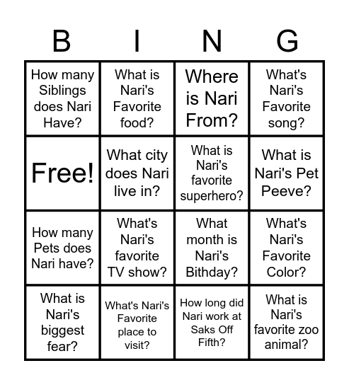 Nari's Send Off Bingo Card