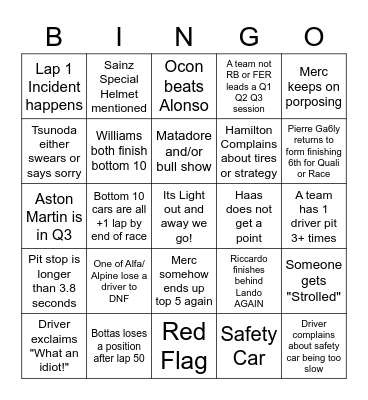 F1 Spanish GP 2022 Bingo Card