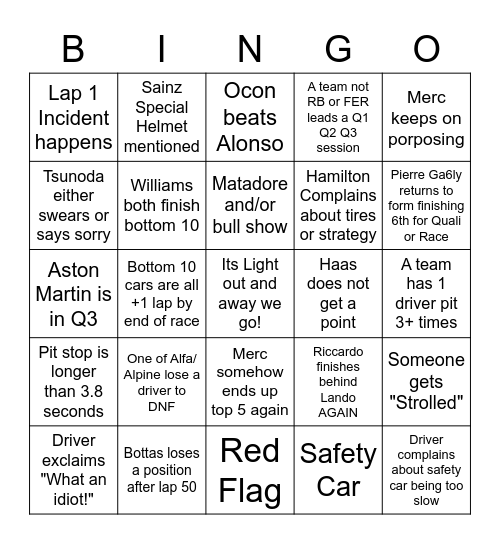 F1 Spanish GP 2022 Bingo Card