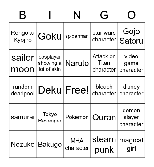 cosplay Bingo Card