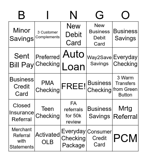 Bank Bingo Card