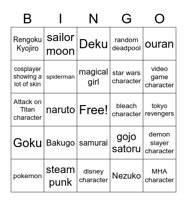 cosplay Bingo Card