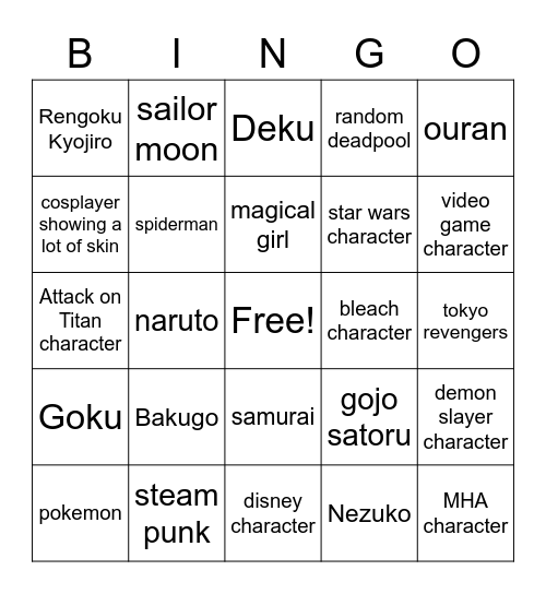 cosplay Bingo Card