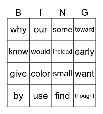 High Frequency Word Bingo Card