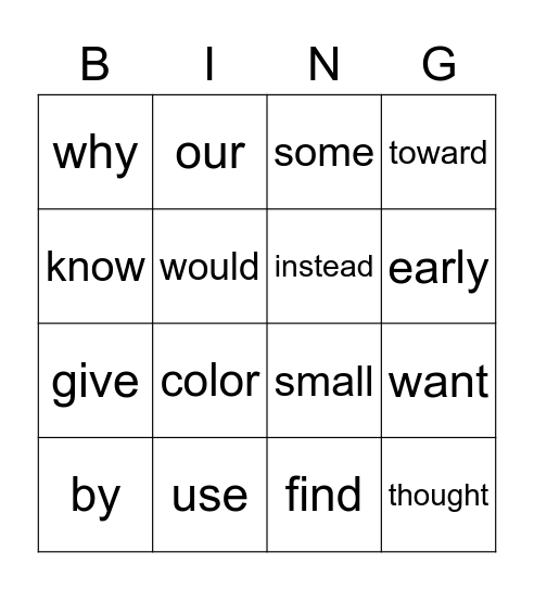 High Frequency Word Bingo Card