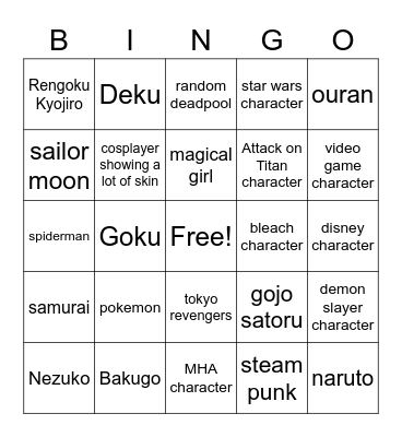 cosplay Bingo Card