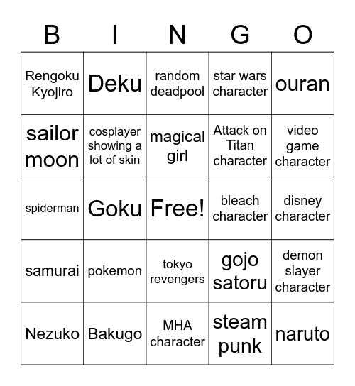 cosplay Bingo Card