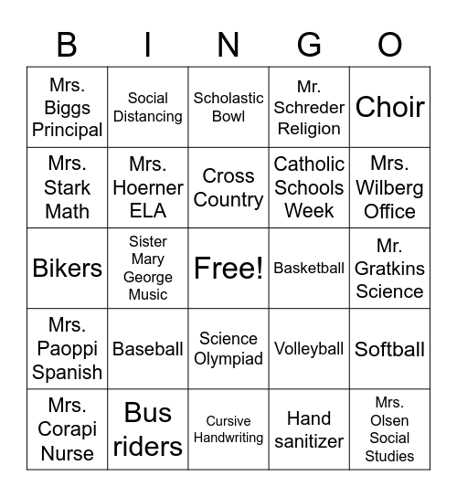 St. Matt's 8th Grade Bingo Card