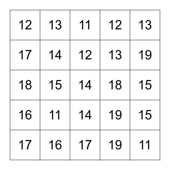 Find and Color Numbers 11-19 Bingo Card