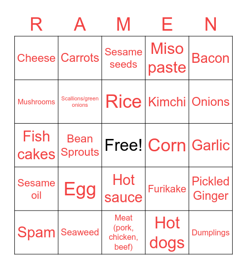 DIY Fancy Ramen Bingo Card