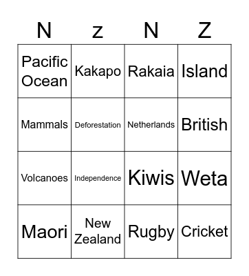NZ Bingo Card