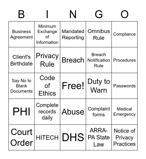 HIPAA/Compliance Bingo Card