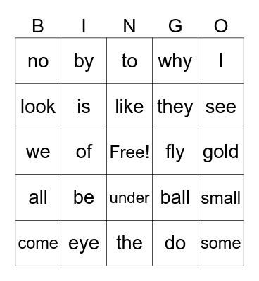 Sight Words Bingo Card