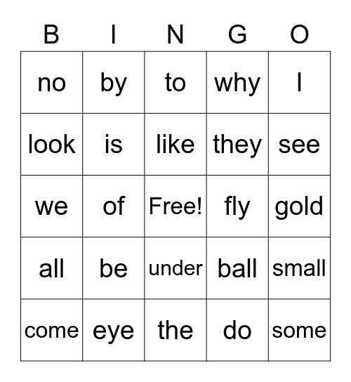 Sight Words Bingo Card