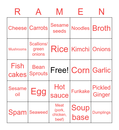 DIY Fancy Ramen Bingo Card