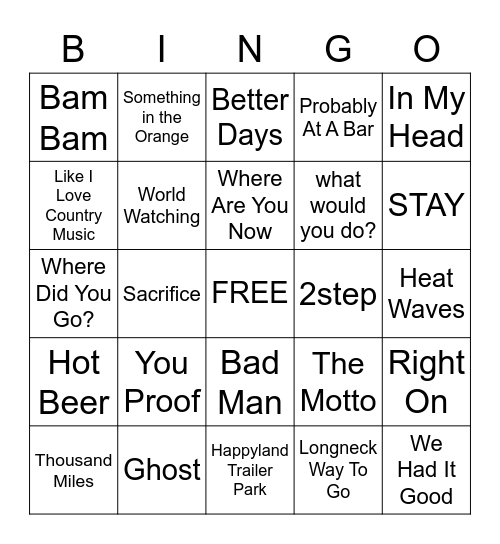 Today's Hits Bingo Card