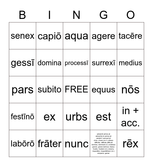 Latin I Vocab Certamen Bingo Card