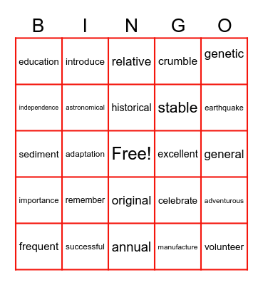 Multisyllabic Words Bingo Card