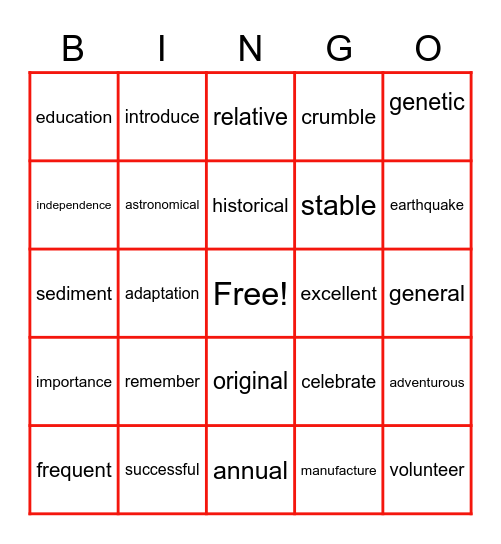 Multisyllabic Words Bingo Card