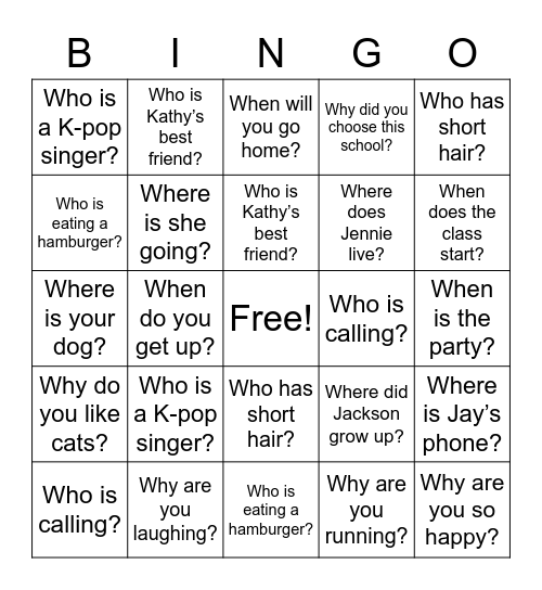 WH-Questions Bingo Card