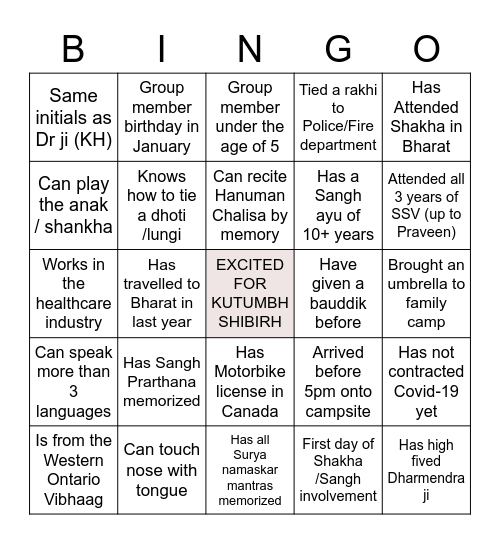 Sangh Bingo Card