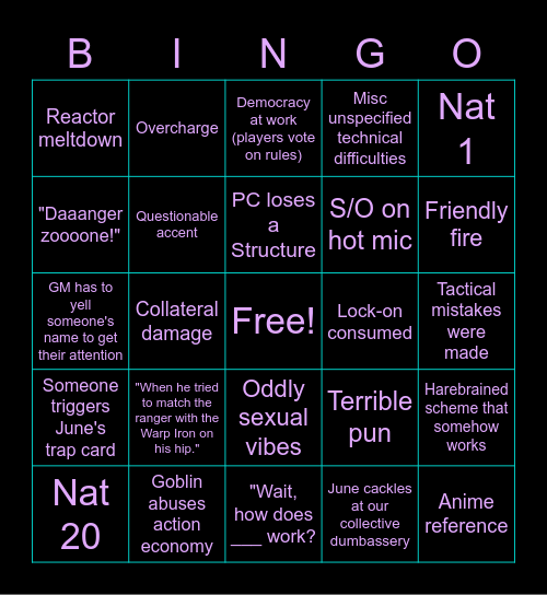 Space Battle Bingo Card