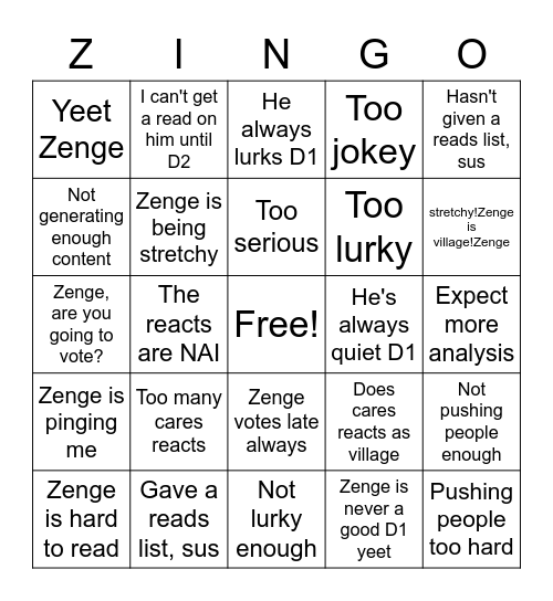 ZINGO Bingo Card