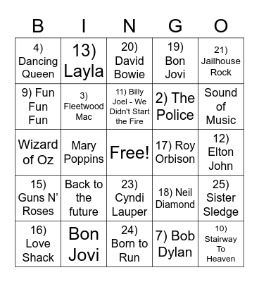 Music and Movie Bingo Card