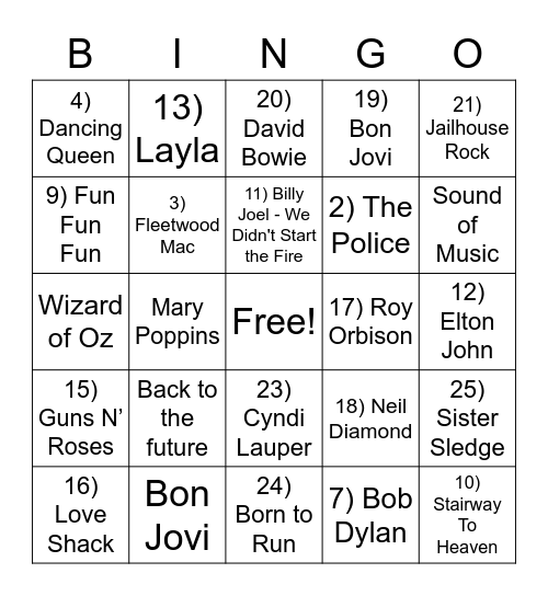 Music and Movie Bingo Card