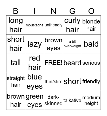 Describing People Bingo Card