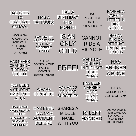 APU HUMAN BINGO Card