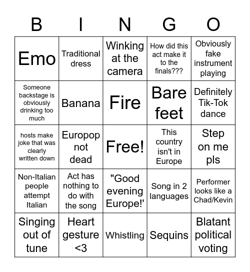 Eurovision Time~ Bingo Card