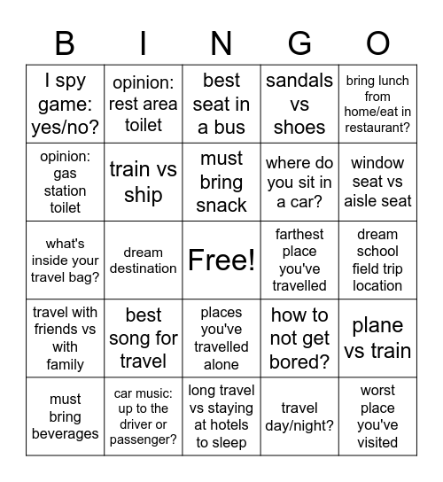 Opinion bingo - travel edition Bingo Card