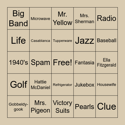 1940's Bingo Card