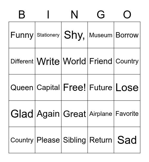 Word bingo Card