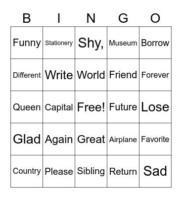 Word bingo Card