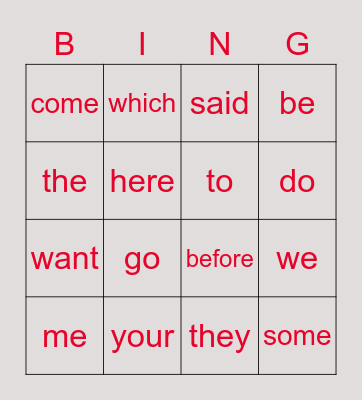 Sight Words Bingo Card