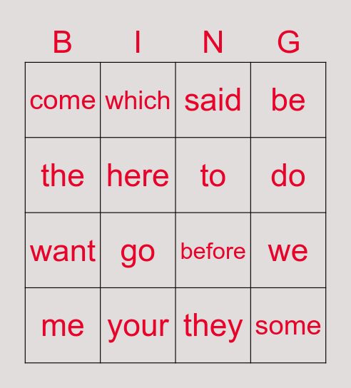 Sight Words Bingo Card