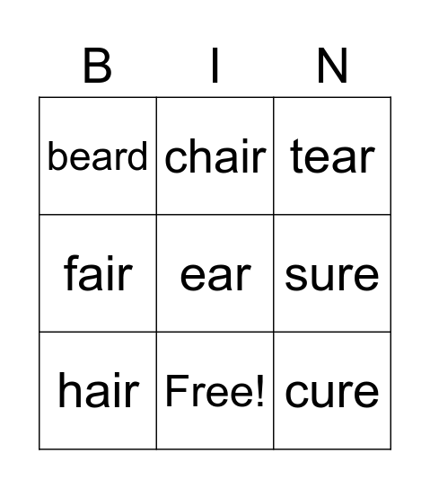 air, ear, ure Bingo Card