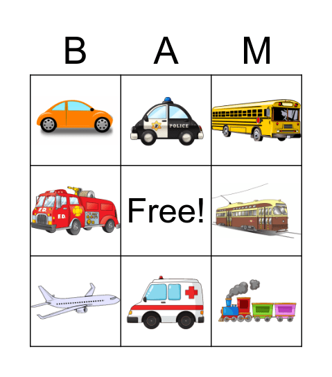 Vehicles Bingo Card