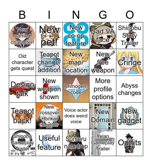 Genshin 2.7 Bingo! Bingo Card