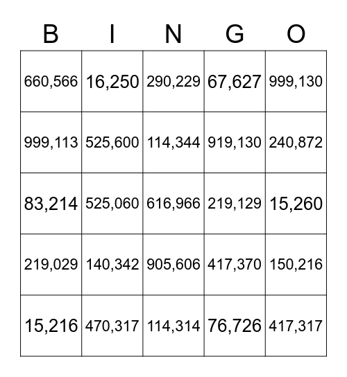 Numbers Bingo Card