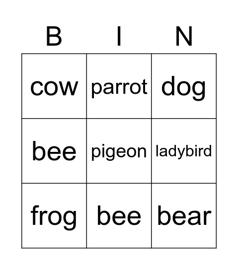 ANIMALS Bingo Card