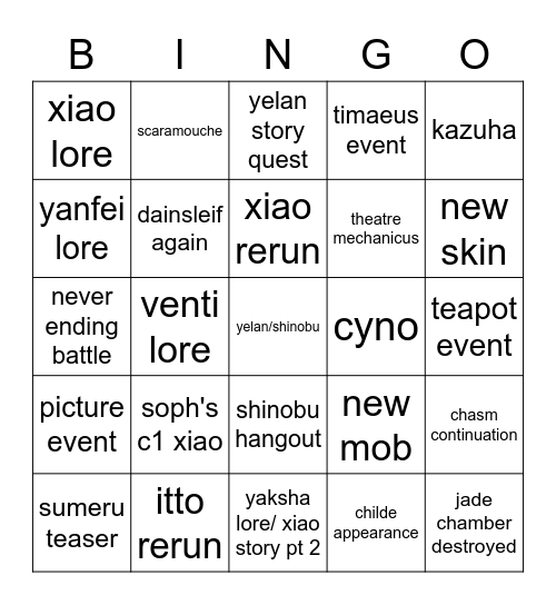 genshin 2.7 Bingo Card