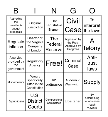 Civics & Econ Year-In-Review Bingo Card