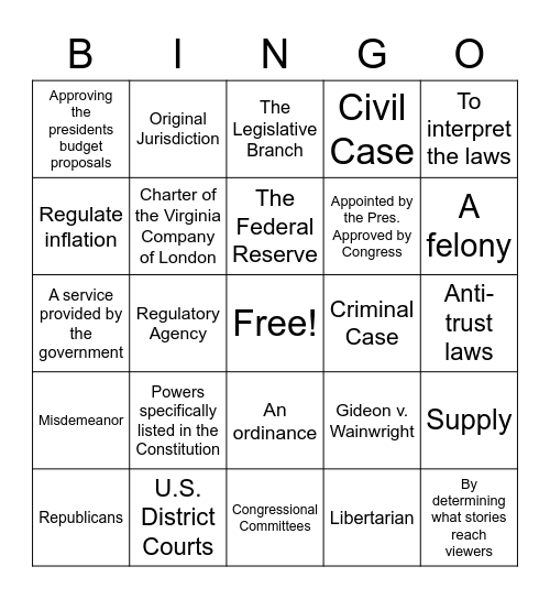 Civics & Econ Year-In-Review Bingo Card