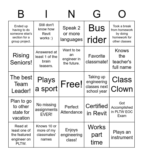 Fun with Engineering Class Bingo Card