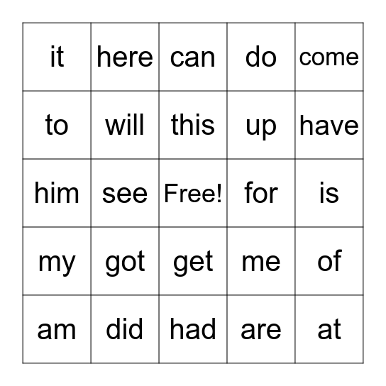 Kinder Sight Word Bingo Card